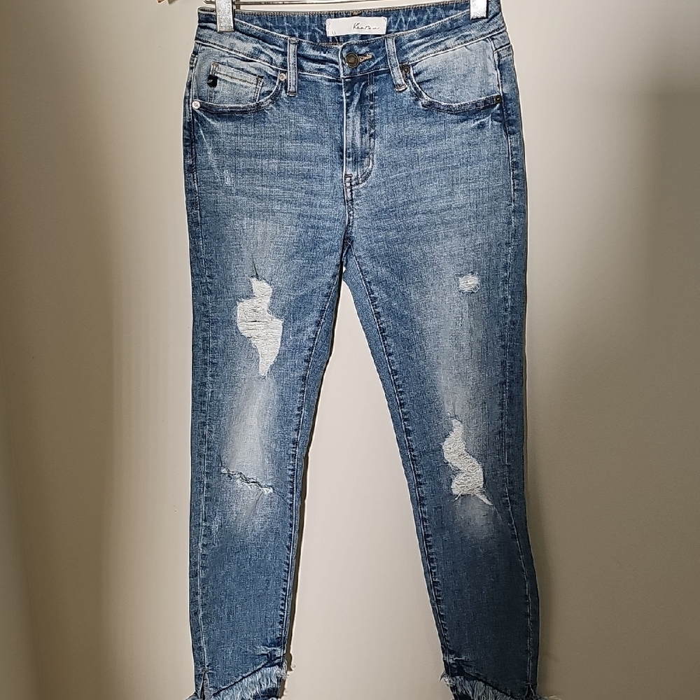 Cankan Women's Distressed Blue Jeans Double Frayed‎ Skinny. Sz 5/26